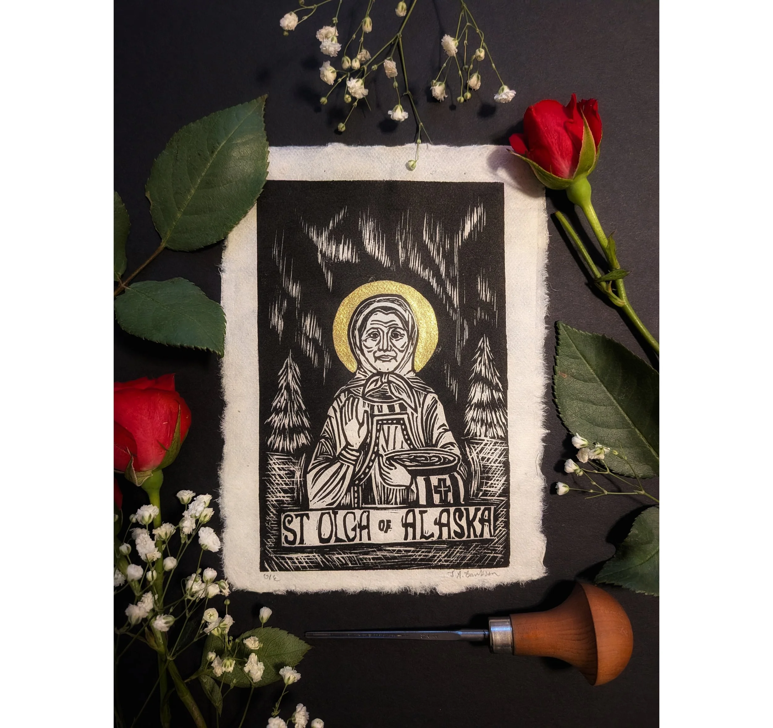 St Olga of Alaska Linocut Print
