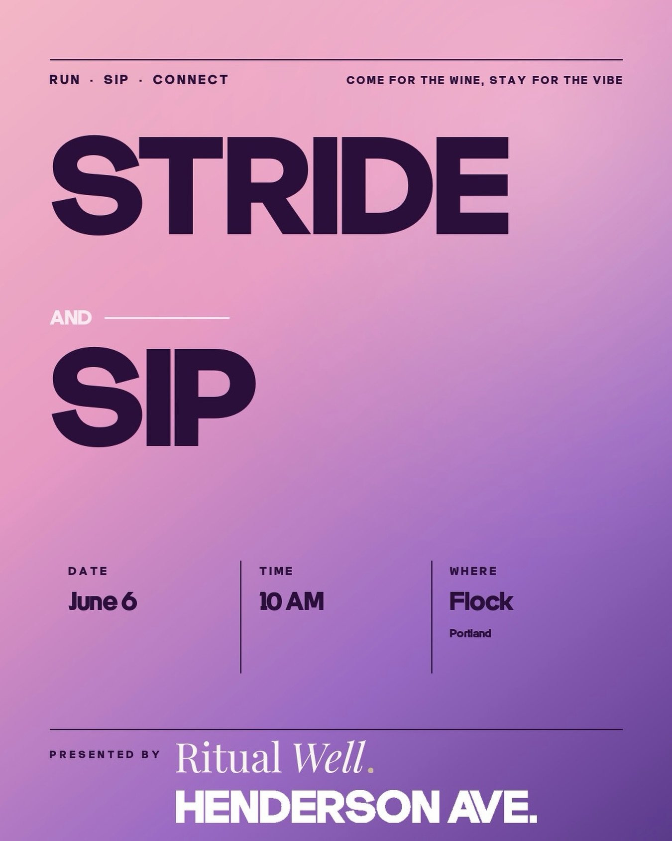 Some run. Some walk. We pour for everyone.

Join us at Flock food hall for a day built around movement, connection, good food, and even better pours with The Ritual and Henderson Ave wines. 

We&rsquo;ll kick things off with an optional community wal