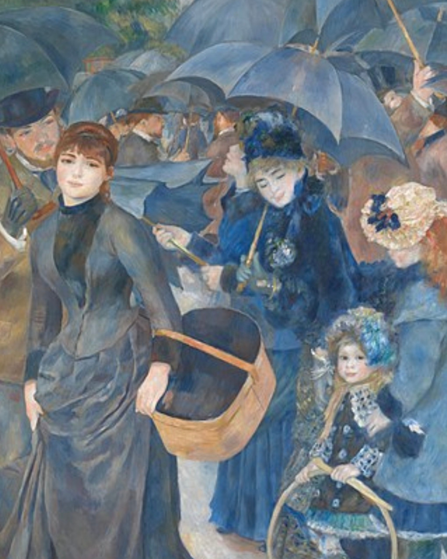 A colorful painting of people walking in the rain with umbrellas, including a young boy and girl dressed in coats and carrying flowers.
