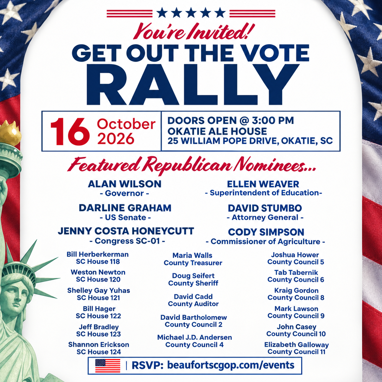 Beaufort County Republican Party “Get out the Vote” Rally, Friday October 16, doors open @ 3 PM “Get Out the Vote” Rally