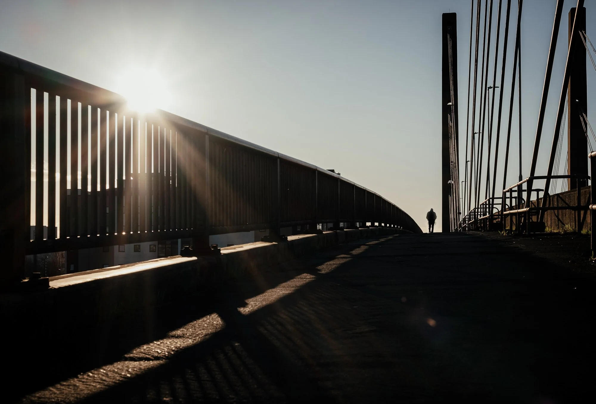 Sunset or sunrise over a bridge with modern design, featuring cables and a person walking along the pathway, casting long shadows on the ground.