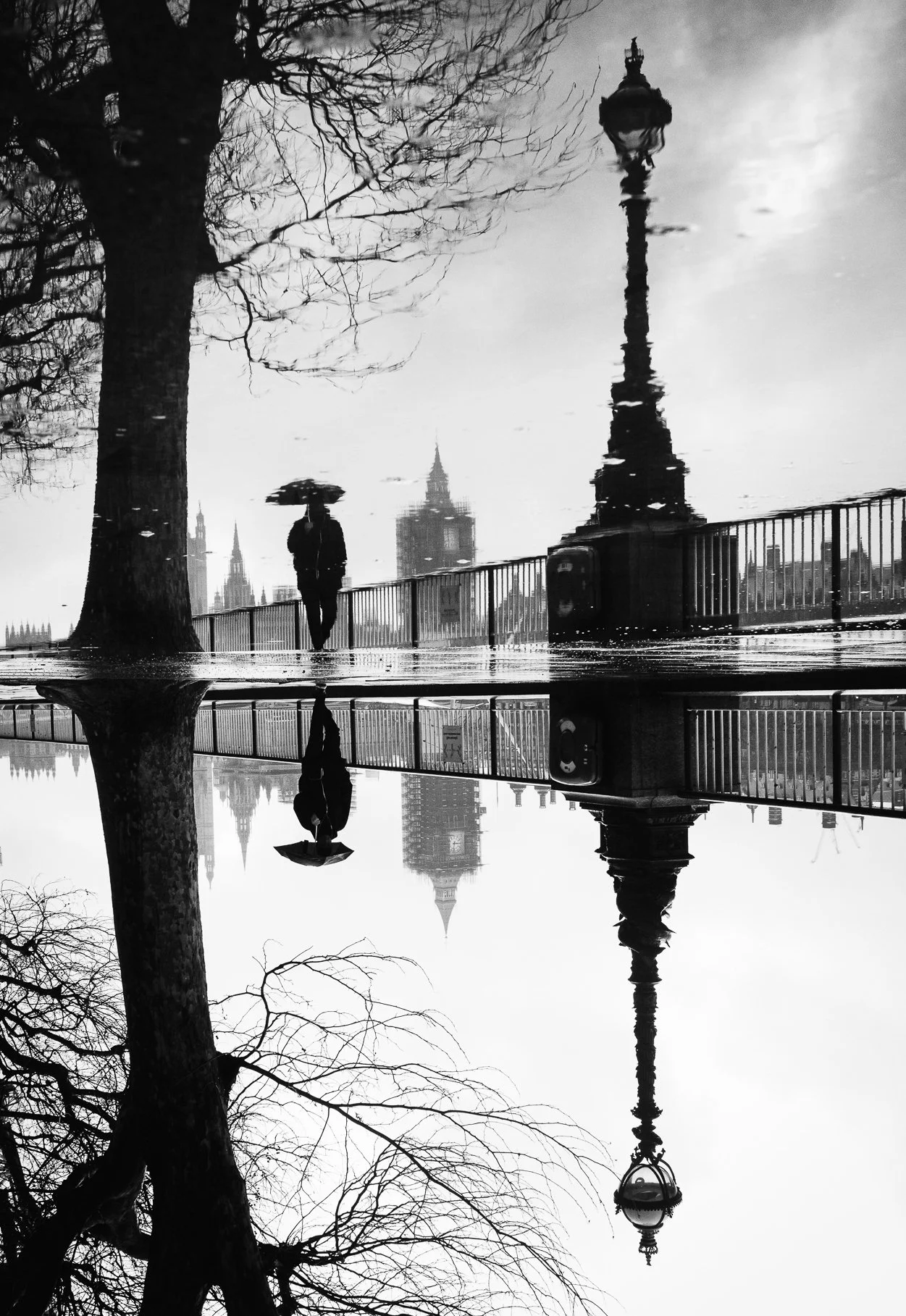 Black and white photograph of a person walking with an umbrella on a rainy day, with a city skyline including Big Ben, a streetlamp, and leafless trees reflected in a puddle.