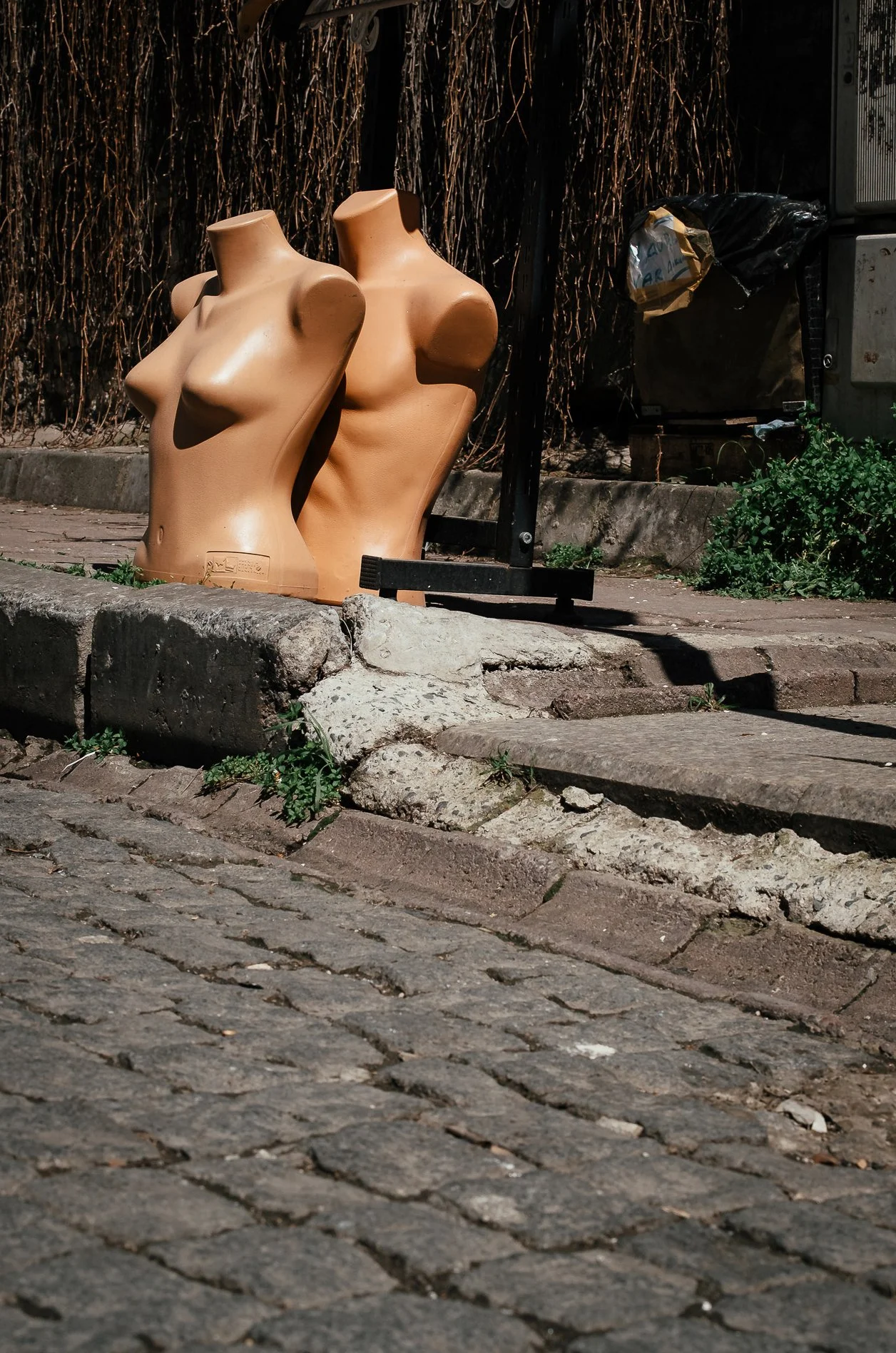 Two empty torso mannequins placed on a sidewalk near a curb, with a black trash bag and some bushes in the background.