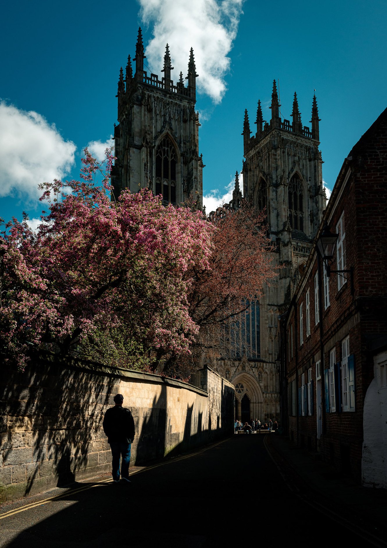 View of a historic church with tall spires, pink blooming trees, a shadowed street with a pedestrian, and a person walking in the foreground under a partly cloudy sky.