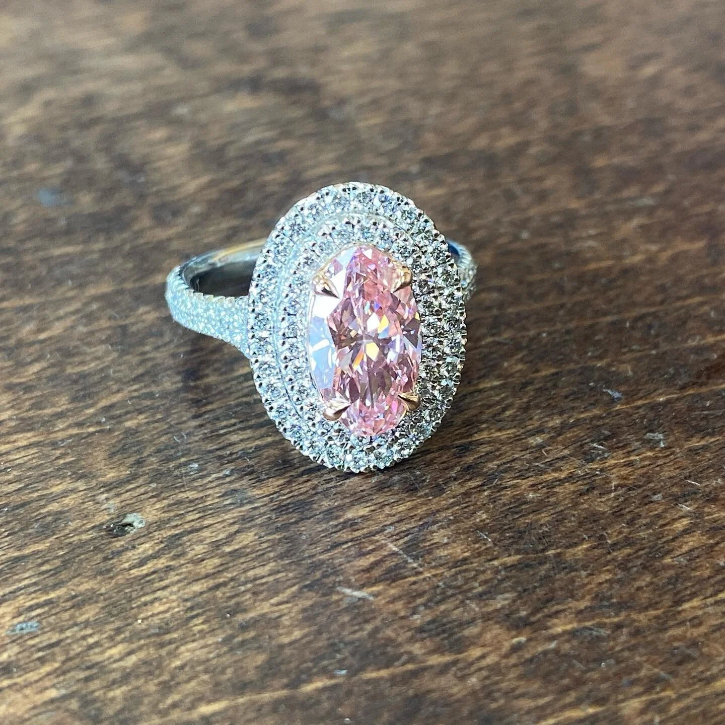 ! This is the craziest diamond I&rsquo;ve ever had the pleasure to set ! Vivid pink over 2 carat. Big thanks to roger frime rp diamond for trusting me with such a gem ❤️❤️❤️ #diamond #pink #oneofakind #jewelry #ring #pave #handmade #platinum #number 