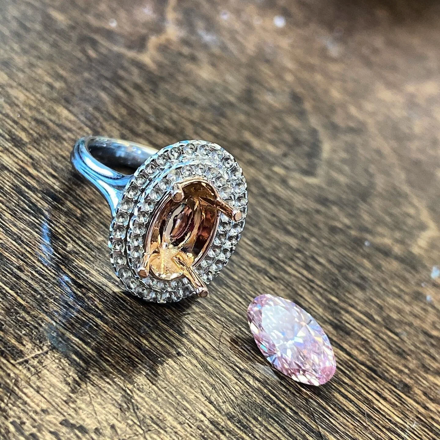 Get me 66 likes and I&rsquo;ll show you how beautiful this turned out to be 💝 #pink #diamond #platinum #rose #gold #ring #oneofakind #handmade #metal #pave #oval #stone #jewelry #beautiful #goodlife