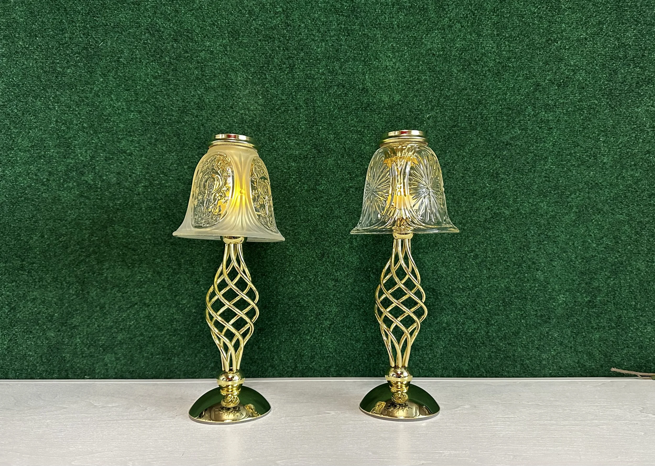 Gold swirl stem tealight candle holders with patterned glass shades, luxury wedding table lighting rental in Kennewick, Pasco, and Richland, WA.