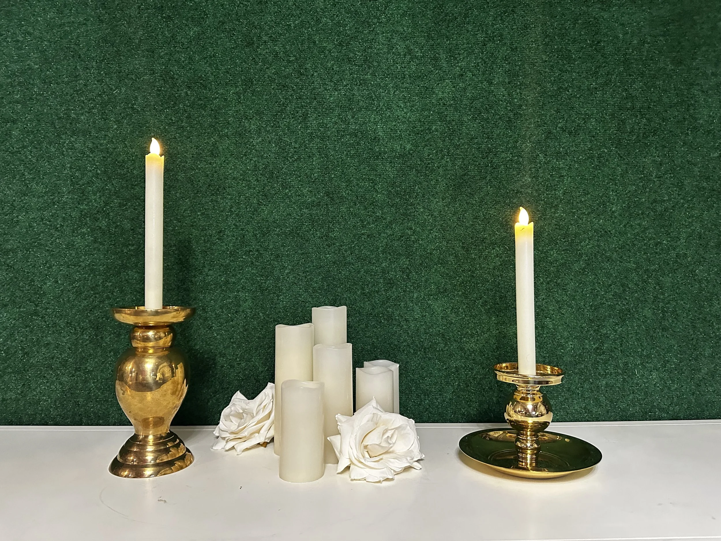 Brass taper and pillar candle holder rental set with wide top plates for wedding table décor in Kennewick, Pasco, and Richland, WA.