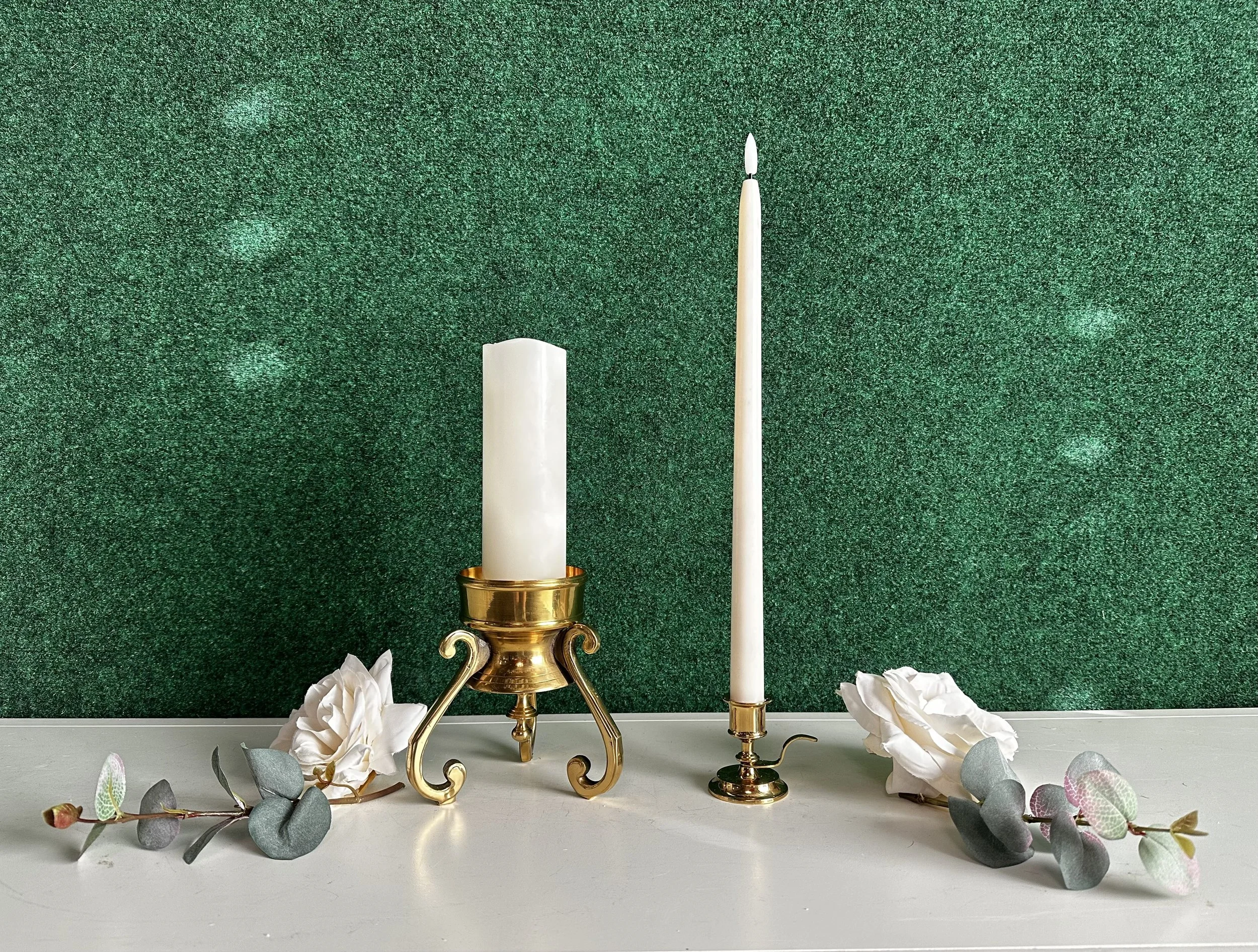 Traditional brass candle holder set with claw-foot pillar and petite taper holder for vintage wedding décor rental in Kennewick, Pasco, and Richland, WA.