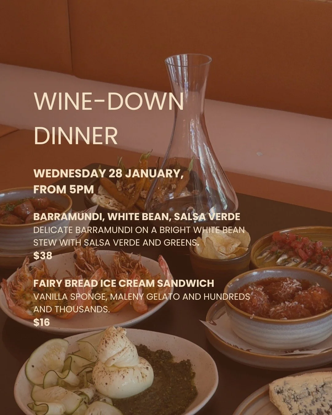 Midweek is looking a little like sunshine and a little like nostalgia. 

Barramundi on a bright white bean stew with salsa verde, then a fairy bread ice cream sandwich situation that is basically childhood, just better with wine. 

If you are on the 