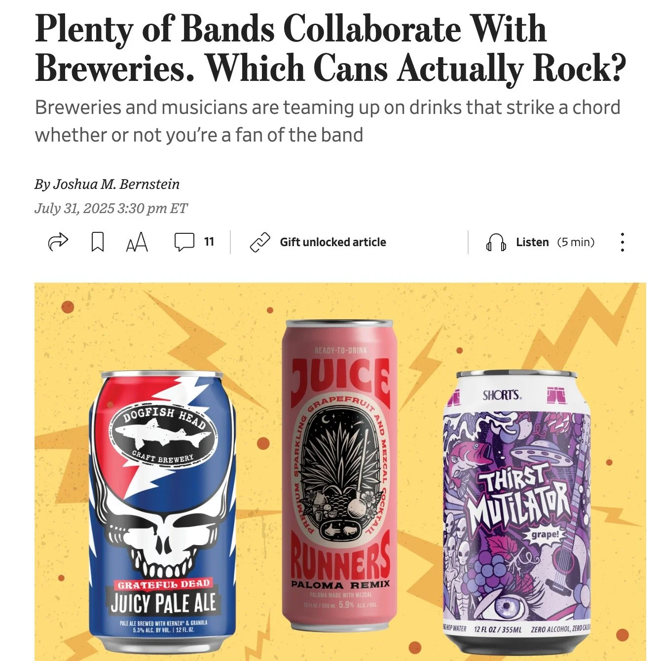 For my latest article for @wsjoffduty, I put on my headphones, opened my beer fridge and dove into the evolving world of brewery-band collaborations.

I explored the breakout success of the @dogfishhead x @gratefuldead Juicy Pale Ale, chatted with @r