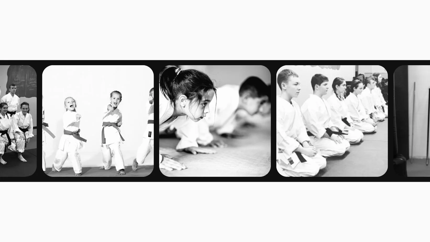 Black and white collage of children practicing martial arts in a dojo, showing drills, stances, and focused attention.