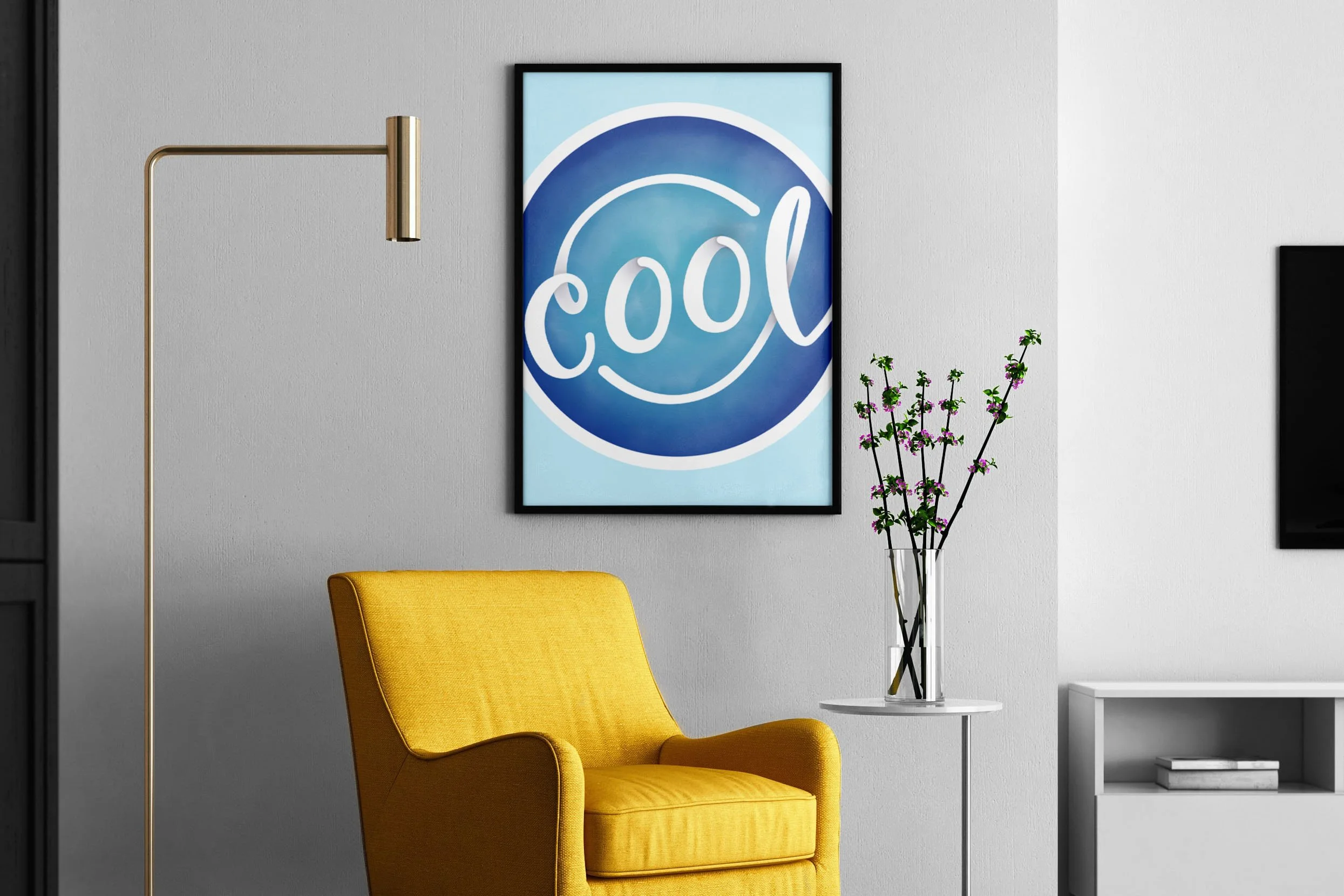 Vertical Poster featuring a lettering design with the word cool in a blue color scheme in a living room with a yellow chair underneath