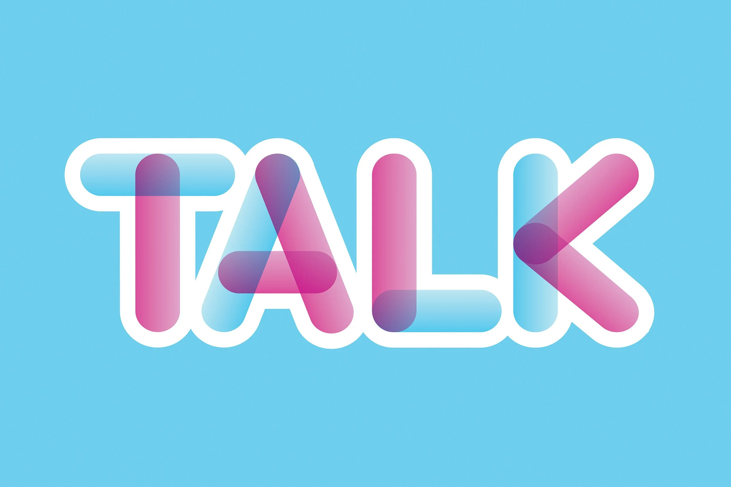 Pillow talk san serif all caps custom lettering in pink. blue and purple on blue background