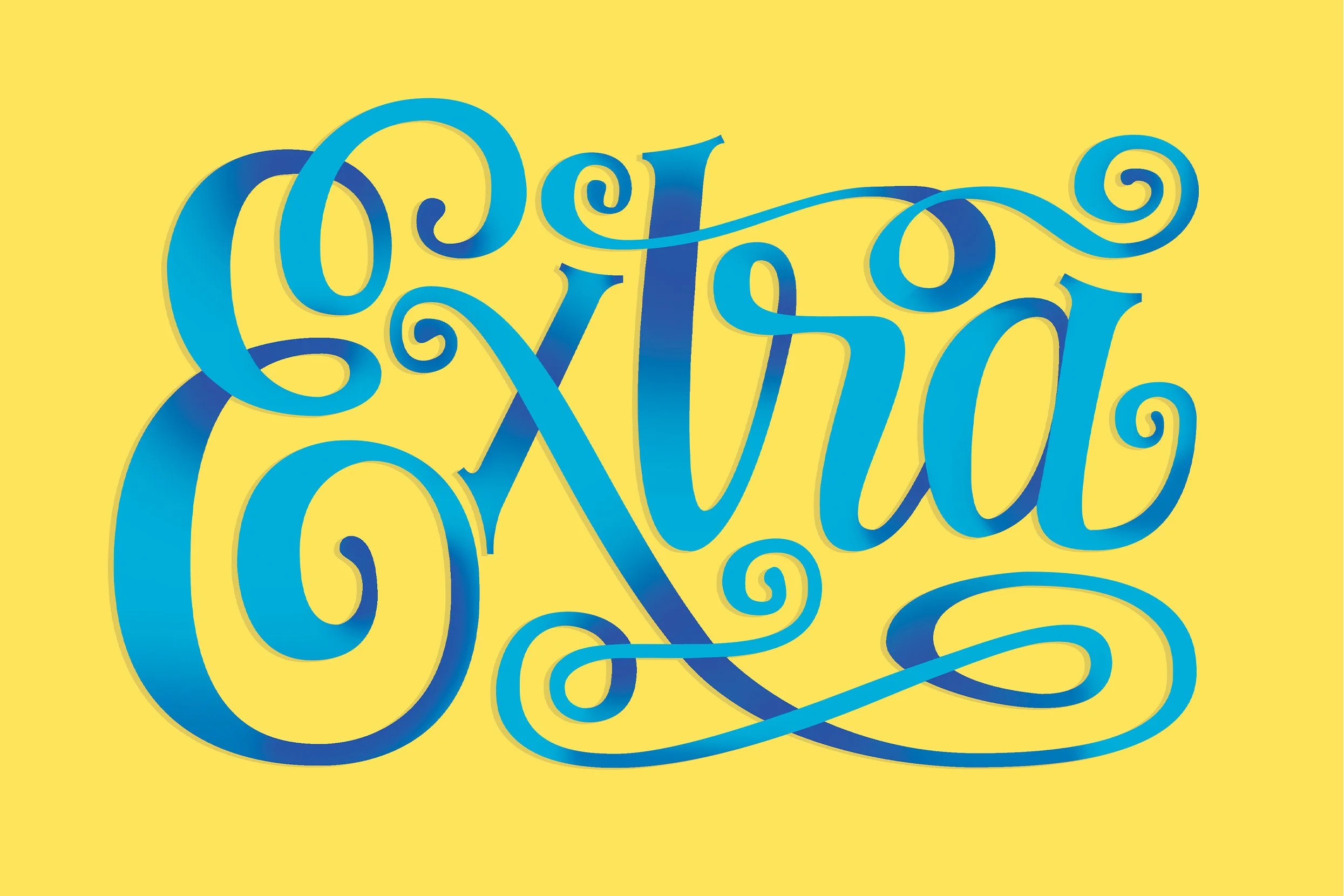 Ornate Lettering design featuring the word Extra in blue gradients on yellow background