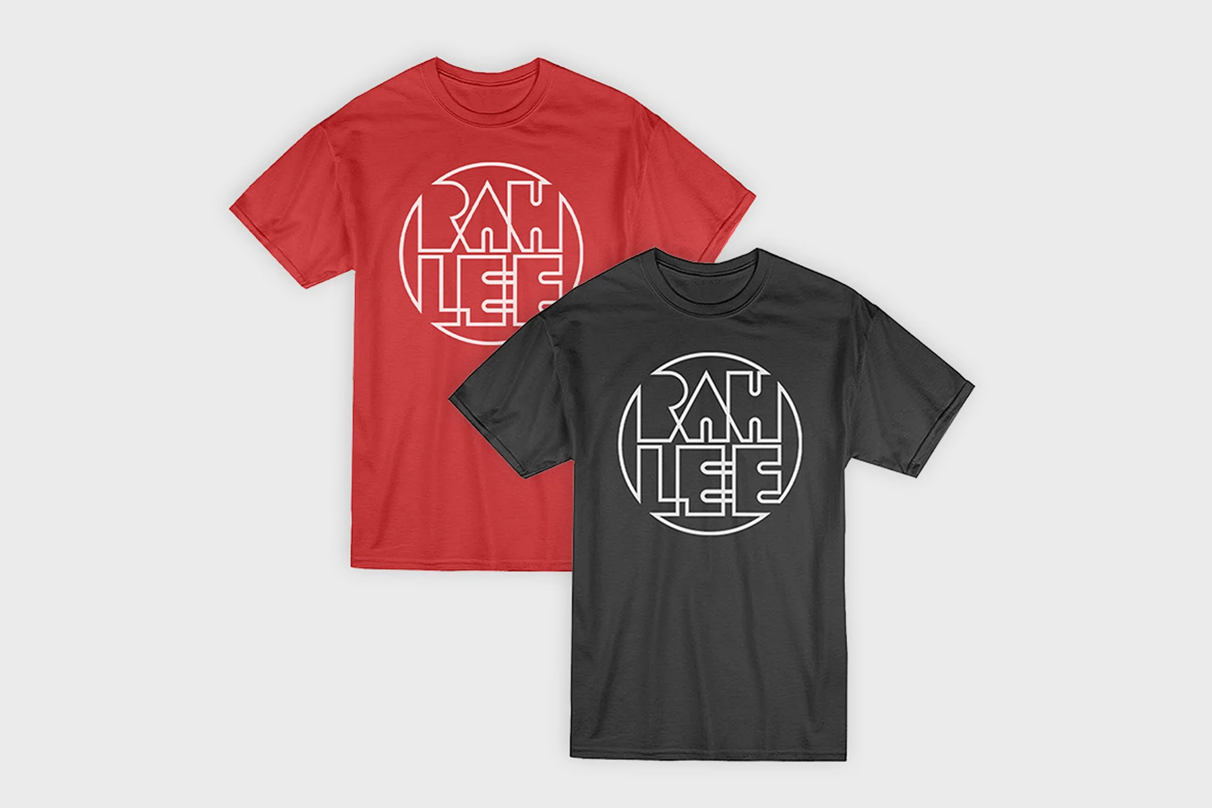 Rahlee outlined lettering in circle shape in white featured on one red shirt and one gray shirt