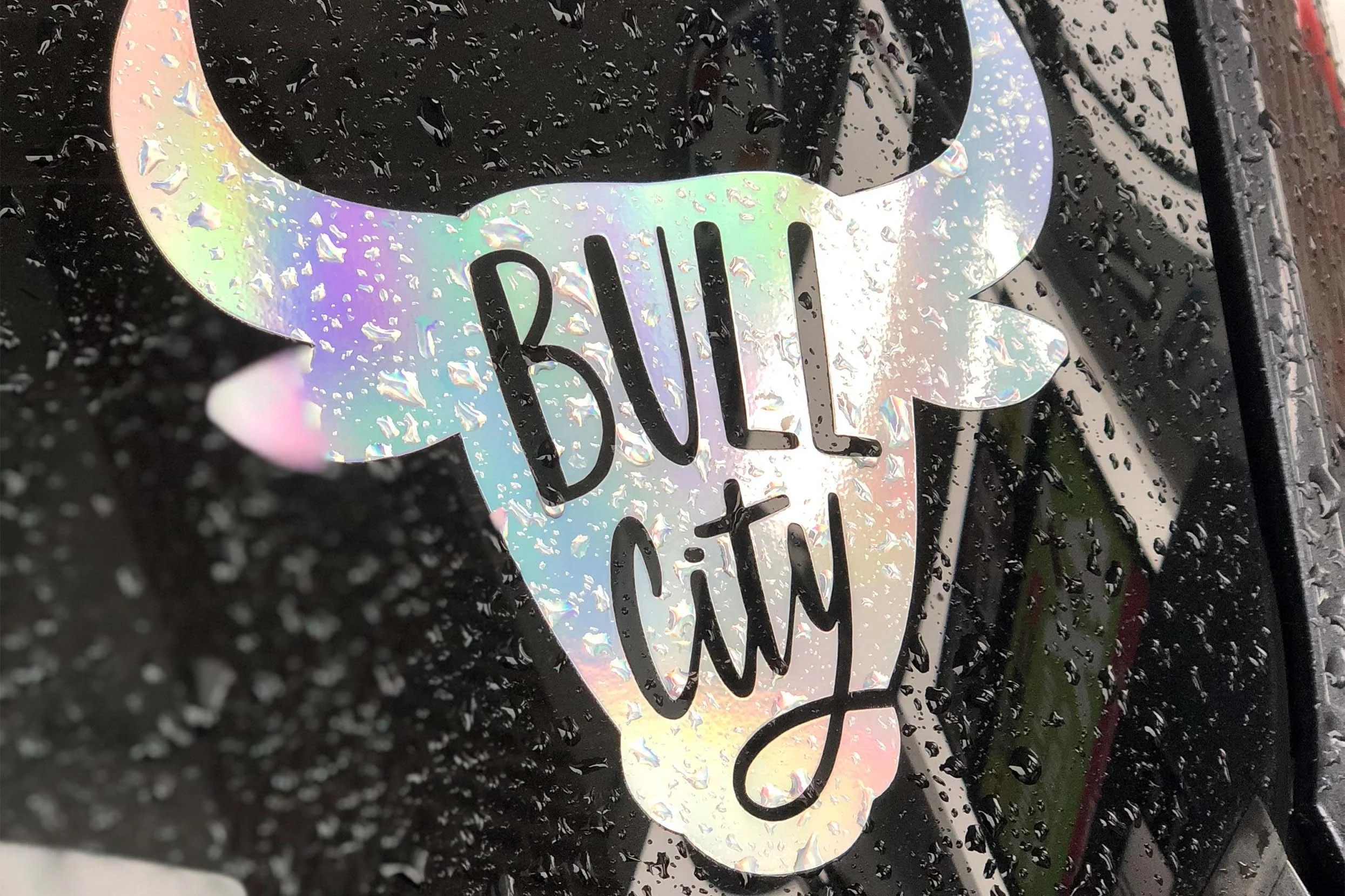 Bull City Durham, NC holographic vinyl decal on car window