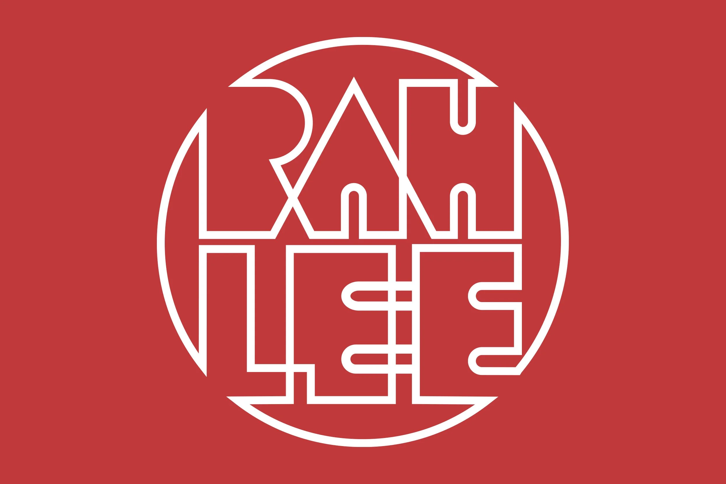Rahlee outlined lettering in circle shape in white on red background