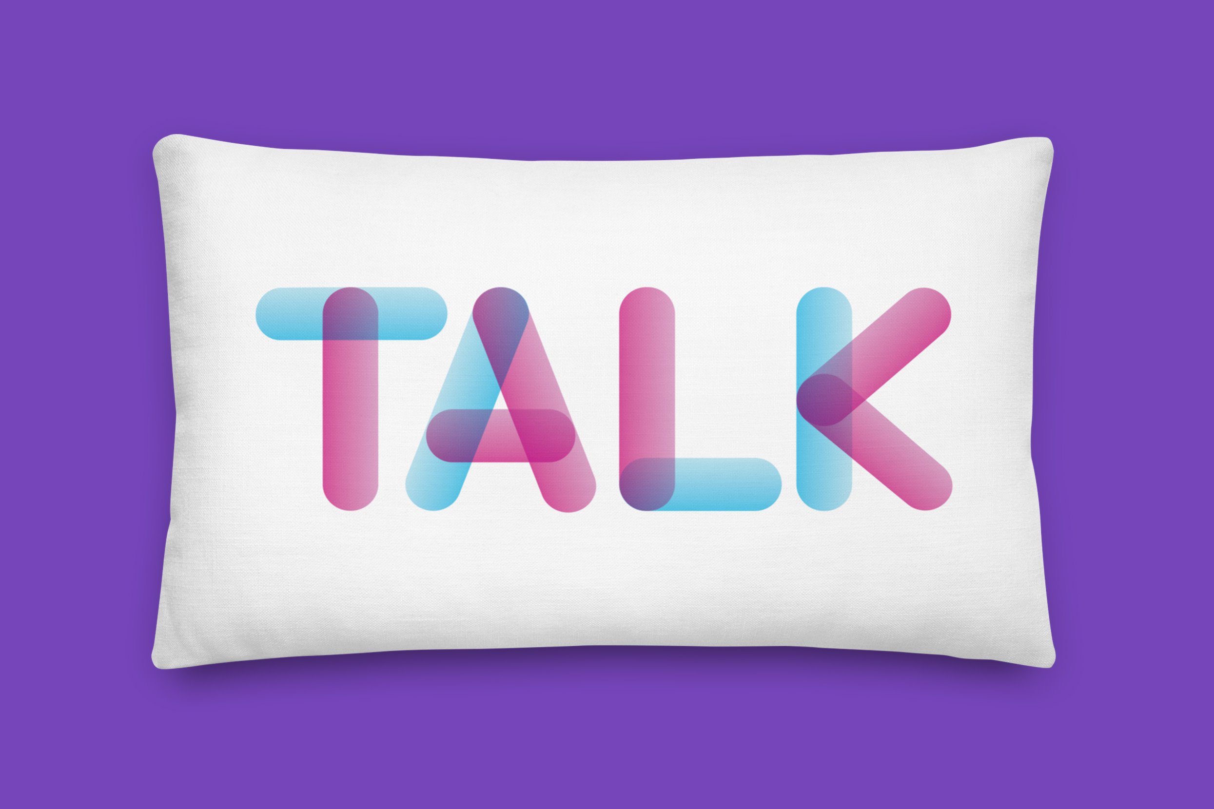 Pillow talk san serif all caps custom lettering in pink, blue and purple on white horizontal pillow