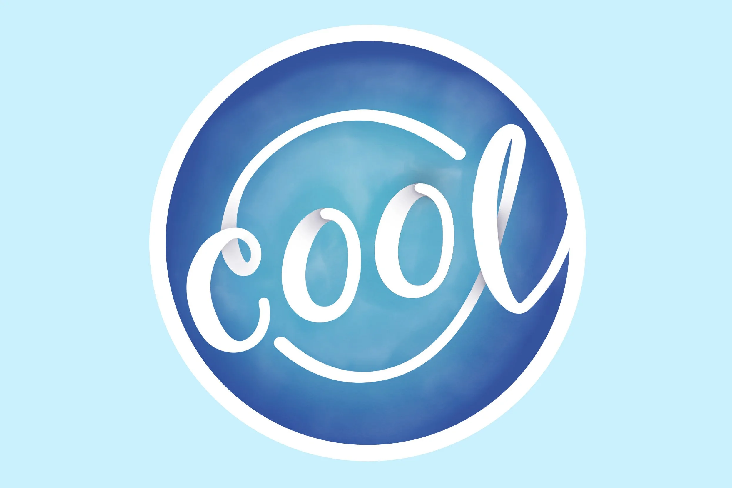 Calligraphy style lettering of the word cool in a circle in a blue color scheme