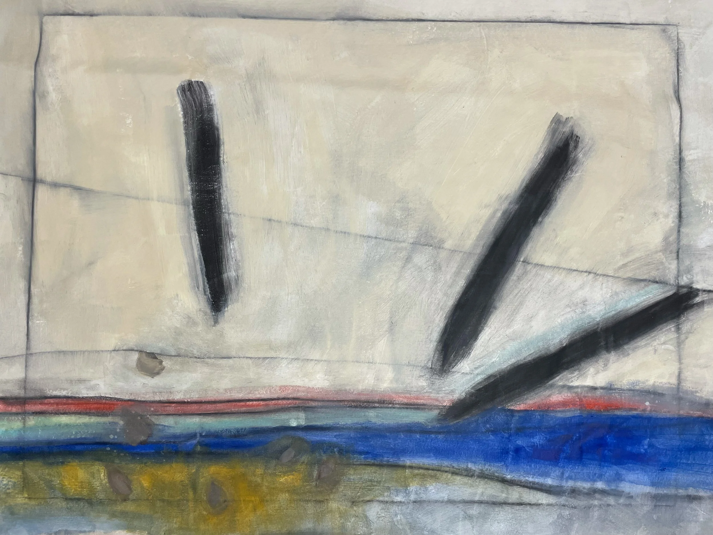 Stakes in Stratigraphy, 36 x 48 in, acrylic and graphite on canvas, 2026