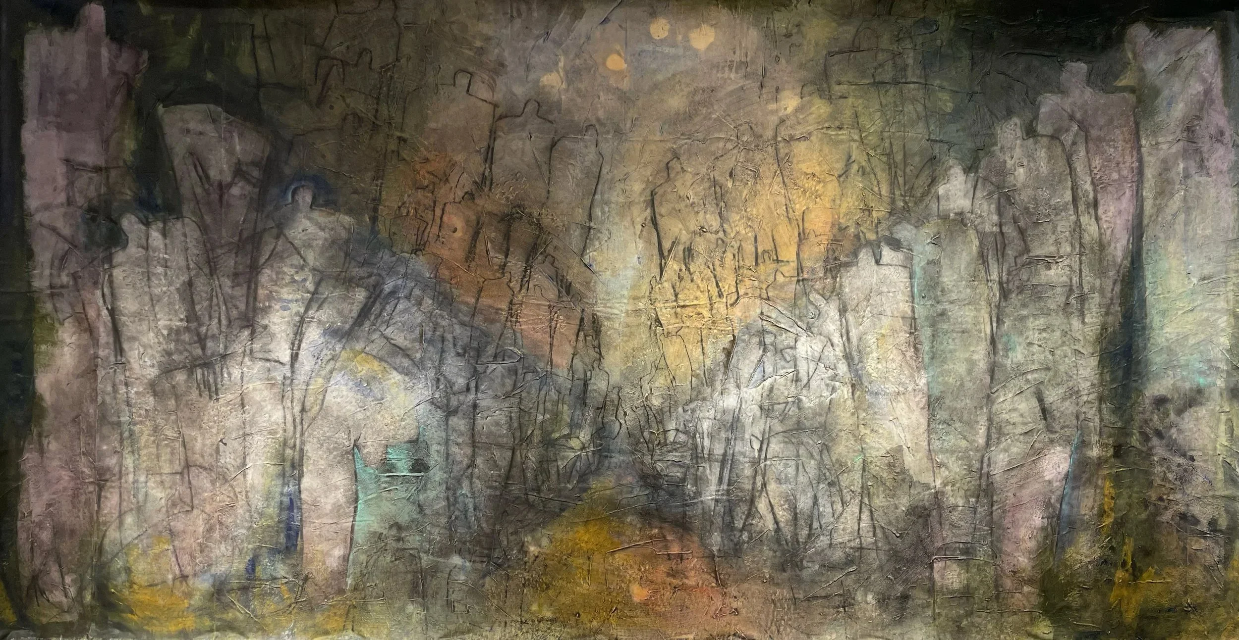 Archaeological Assembly, 6 x 12 ft, acrylic, graphite and plaster on canvas, 2026
