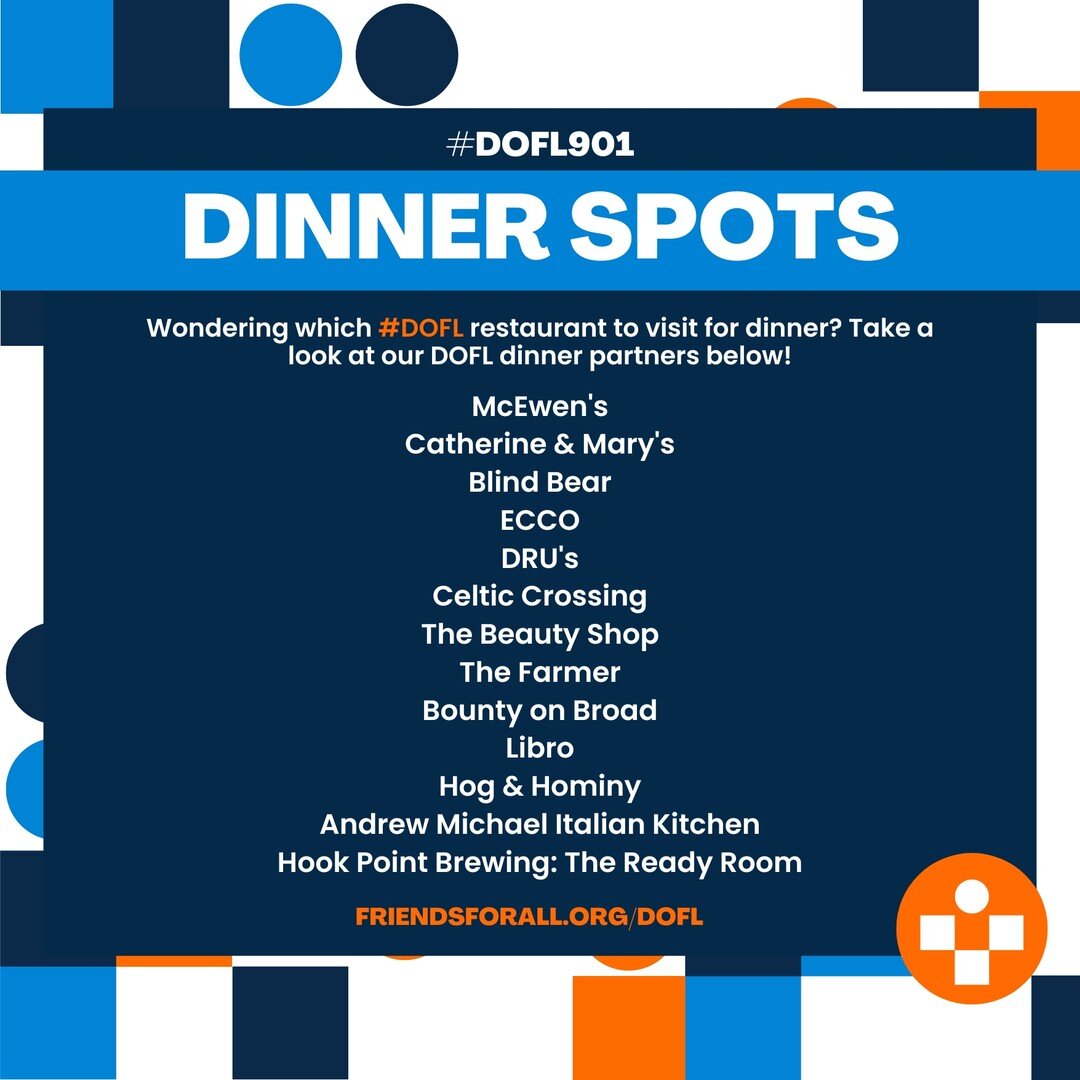 Time for dinner! Which #DOFL901 restaurant will we see you at? Take a look below for our Dining Out For Life partners open for dinner! #DineOutEndHIV #HIVAwareness #HIVAwareness #HIVNonProfit 

@mcewensmemphis 
@catherine_marys 
@blindbearmemphis 
@e