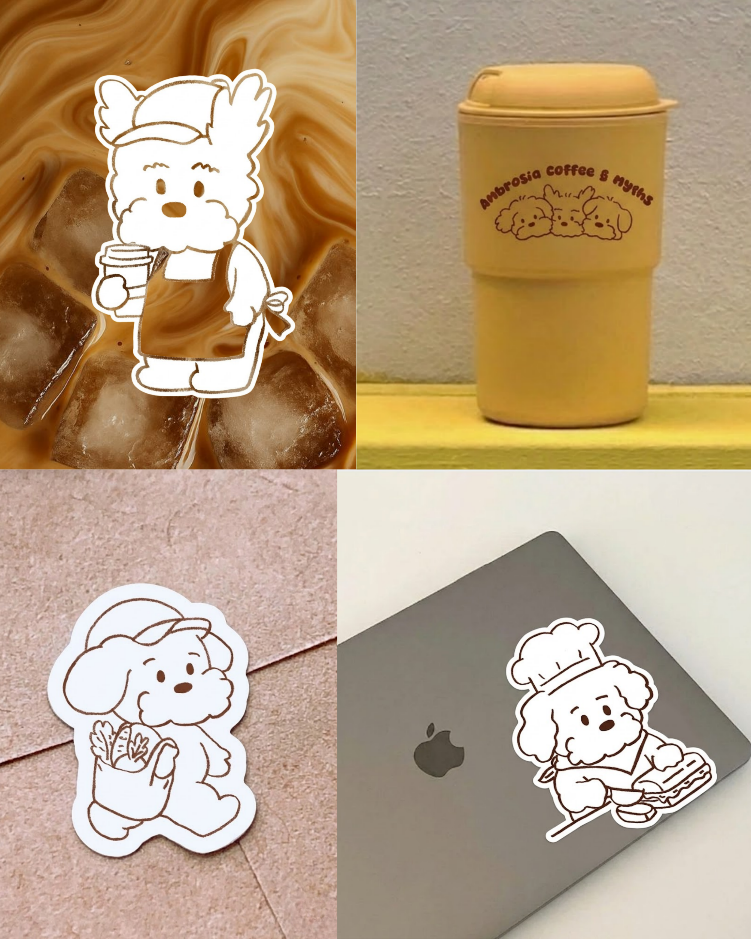 Diseño de Mascota de Marca para Cafetería. Aplicación en mockups de Variación de Personajes. 