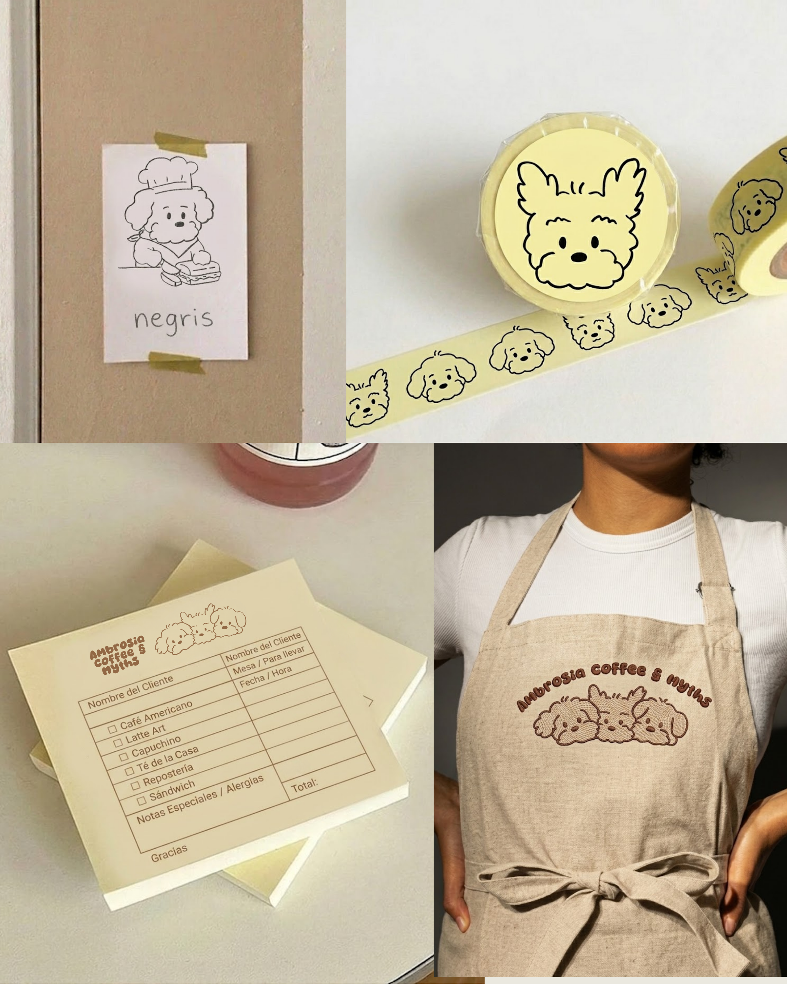 Diseño de Mascota de Marca para Cafetería. Aplicación en mockups de Variación de Logo y Personajes. Implementación de Propuestas para Fortalecer Esencia de Marca en Mockup.