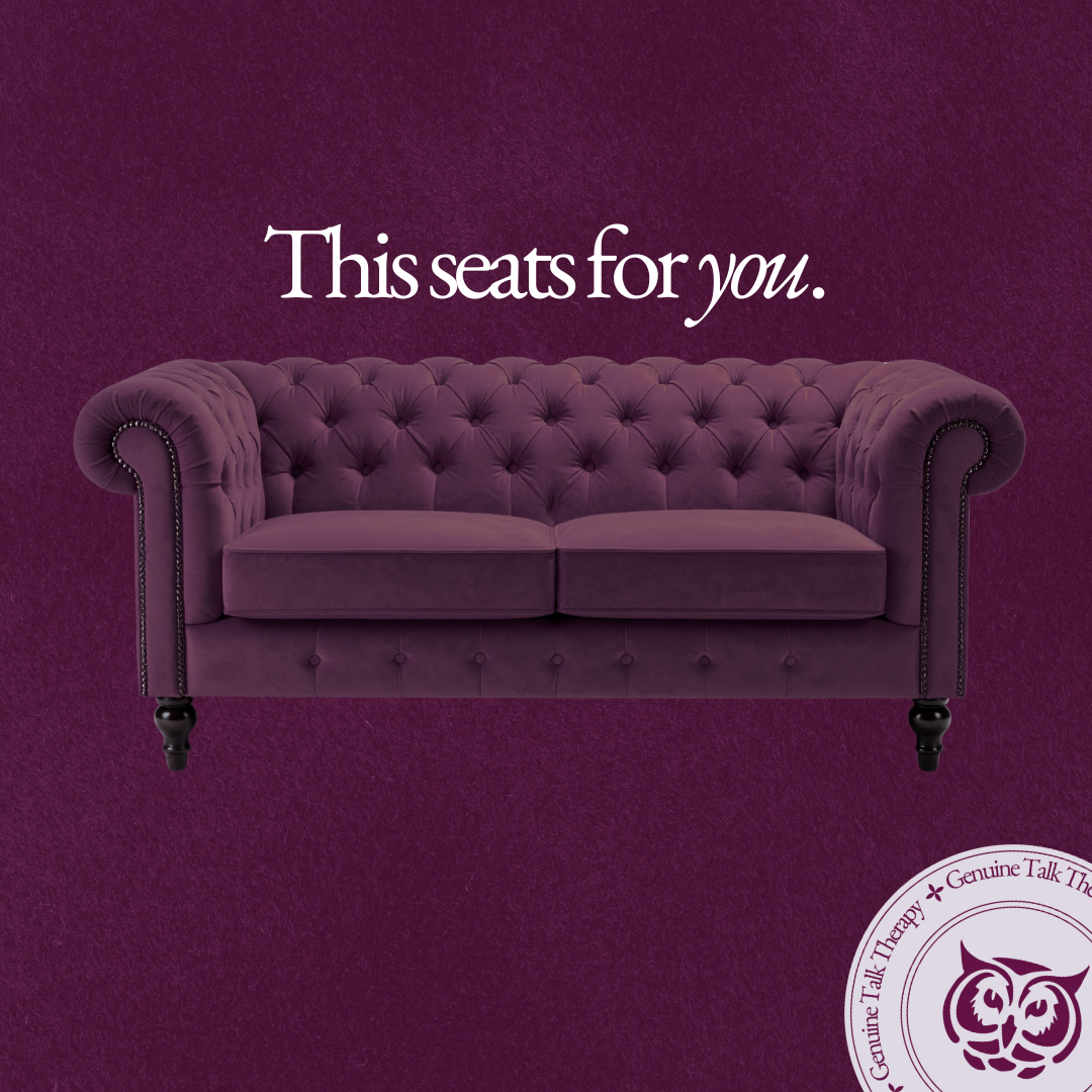 A purple velvet couch with the words "this seats for you" above it.