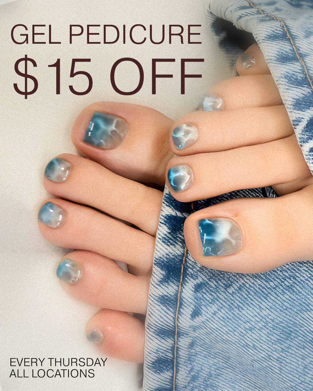 Gel pedicure NYC — blue marble toenail design with $15 off Thursday promo at Nail Fairy Studio in Manhattan and Brooklyn
