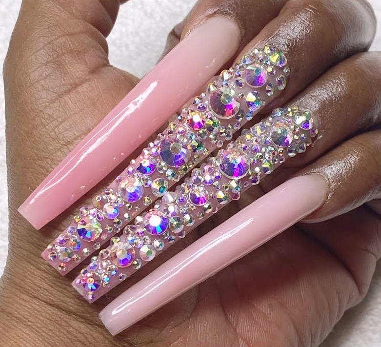 How to apply rhinestones to acrylic nails — step by step nail art at Nail Fairy NYC