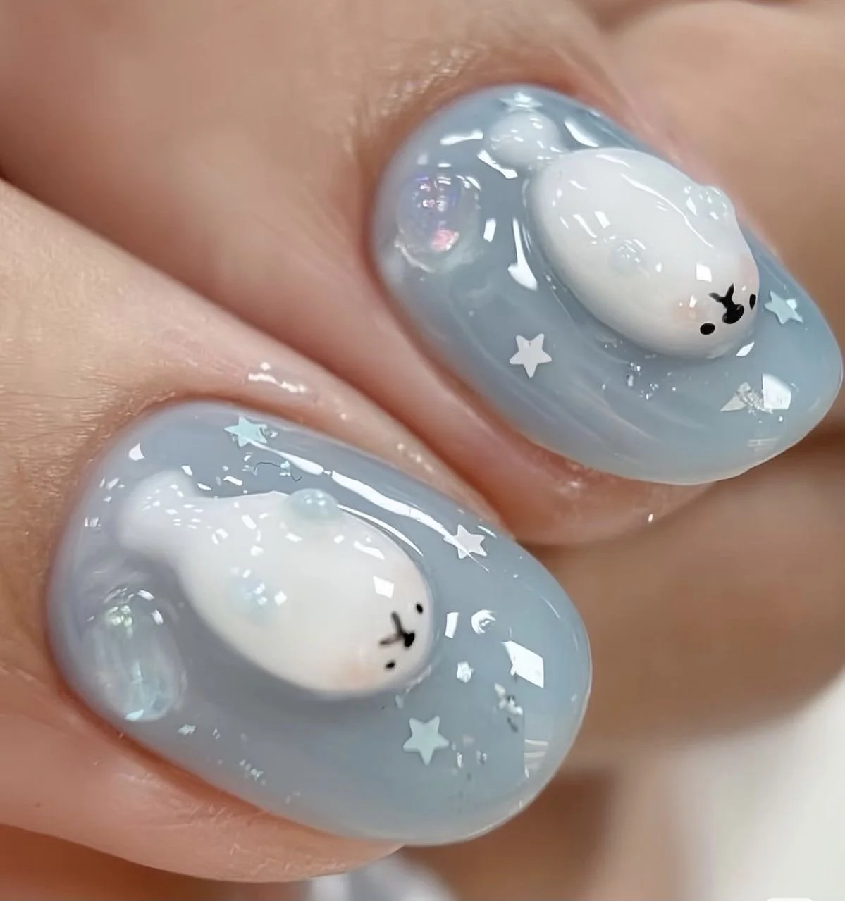 Custom Easter nail art bunny line art accent nail New York