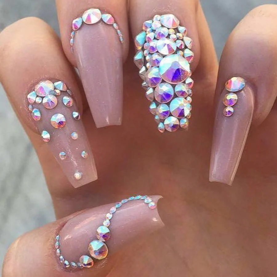 Rhinestone design on polygel nails — crystal nail art by Nail Fairy NYC