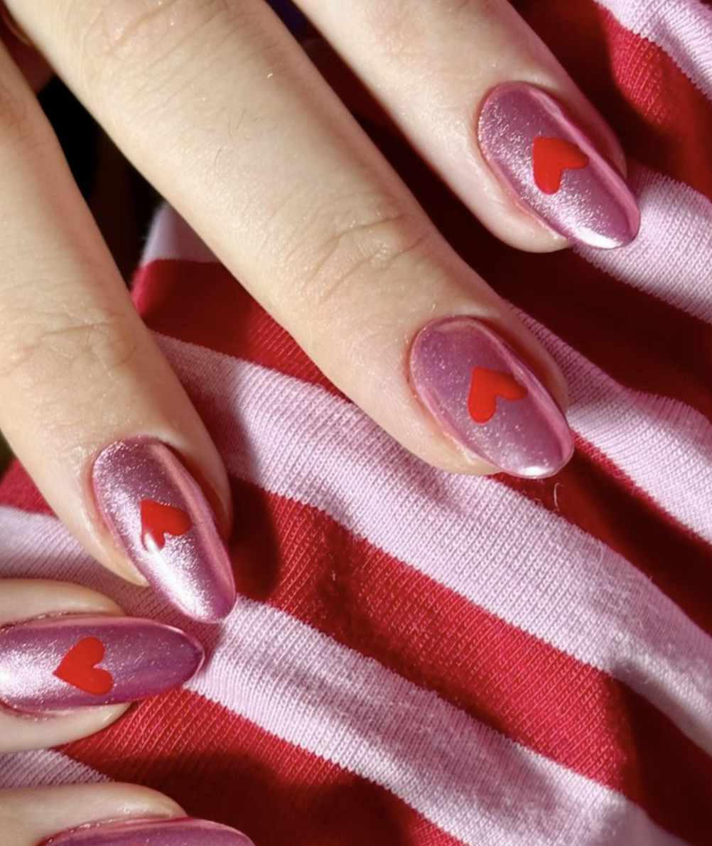 Aura nails for Valentine's Day 2026 at Nail Fairy NYC — dreamy pink and red gradient effect
