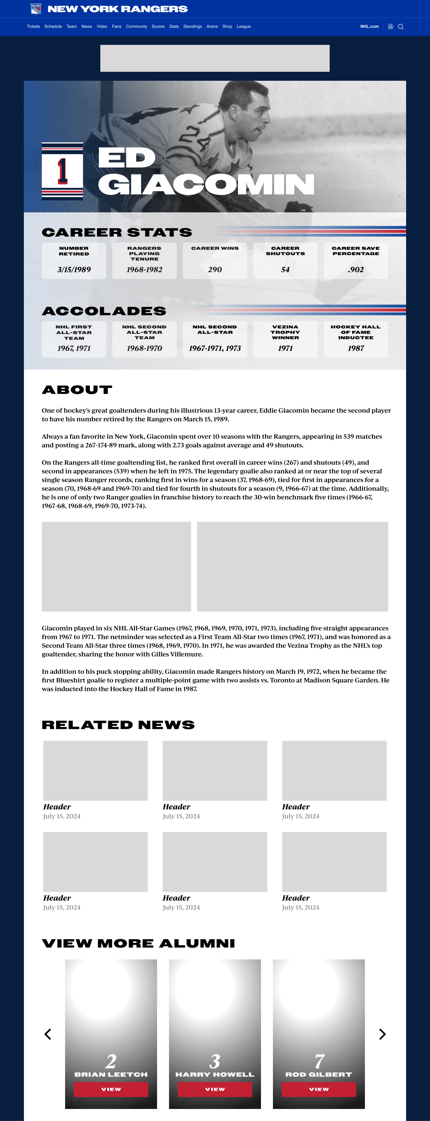 The final version. I incorporated the stripes in a more discrete way for the Career Stats and Accolades section. I also made changes to the Related News section to accommodate room for more text and news cards.