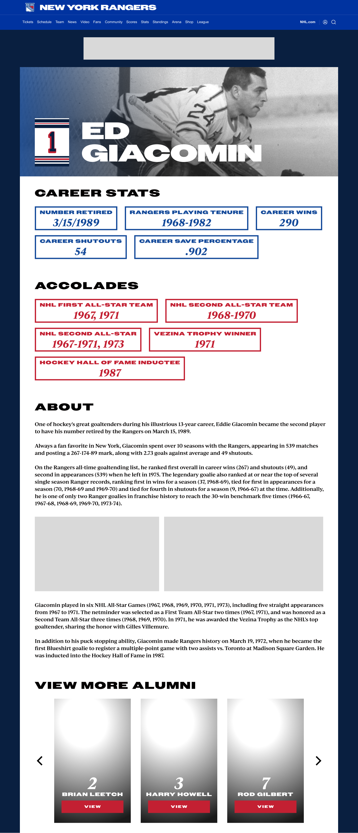 One of the first mockups of the Rangers Alumni page. This has Rangers colors and typography, and the number design resembles the Rangers Jersey.