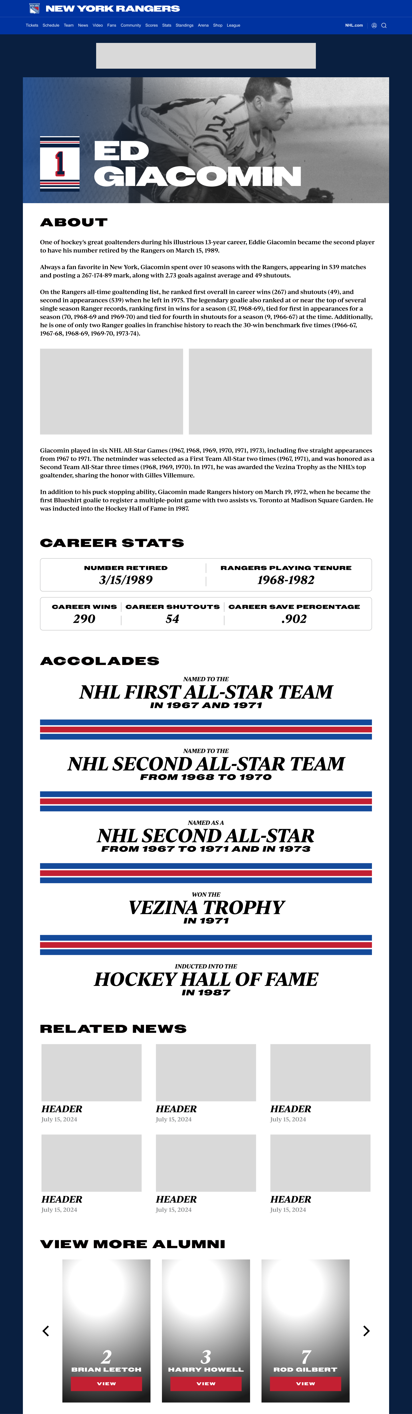A later mockup with Rangers stripes, decorative accolades text, and stats containers. There is also room for Related News as requested by the Rangers marketing team. The About section is also at the top.