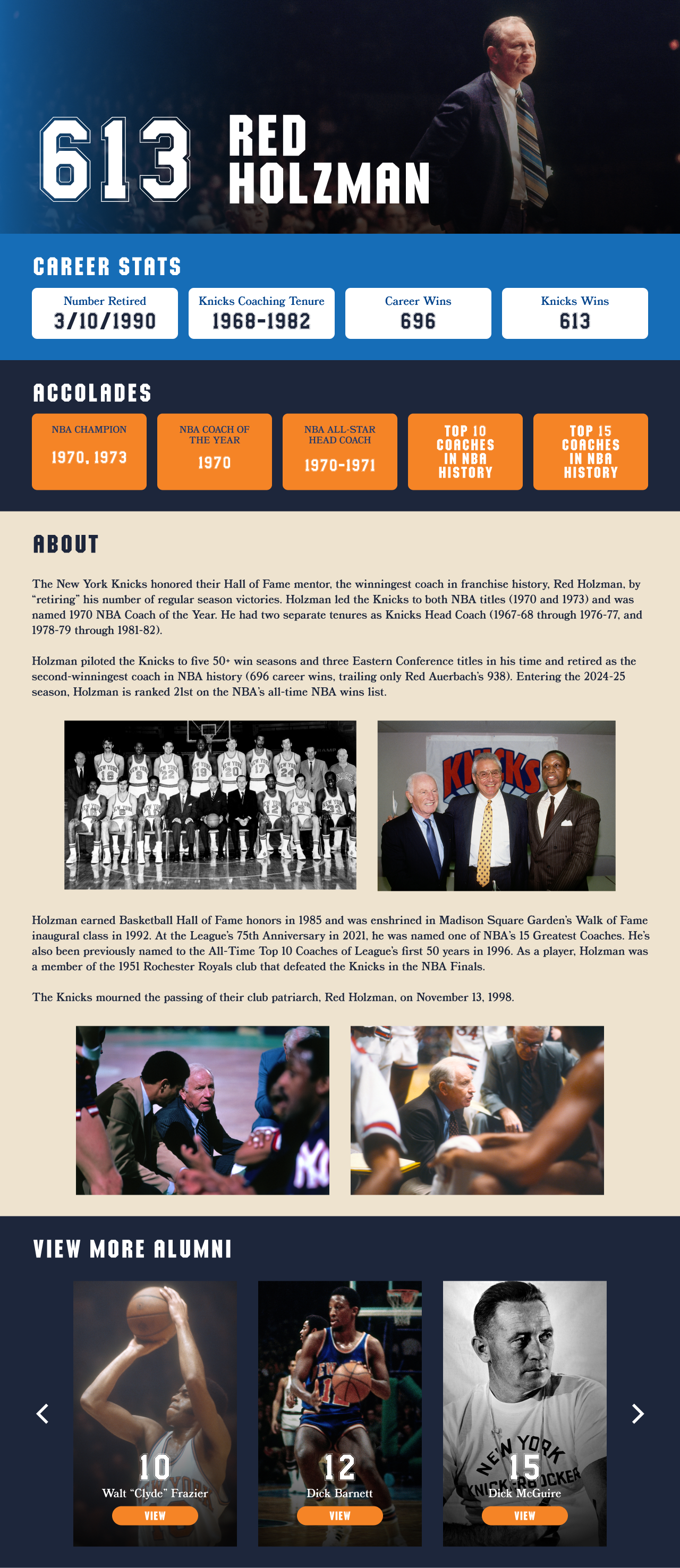 The final Knicks design. I make use of Knicks typography and colors as well as images gathered by the media team. There is an interactive carousel allowing users to find more Knicks alumni.