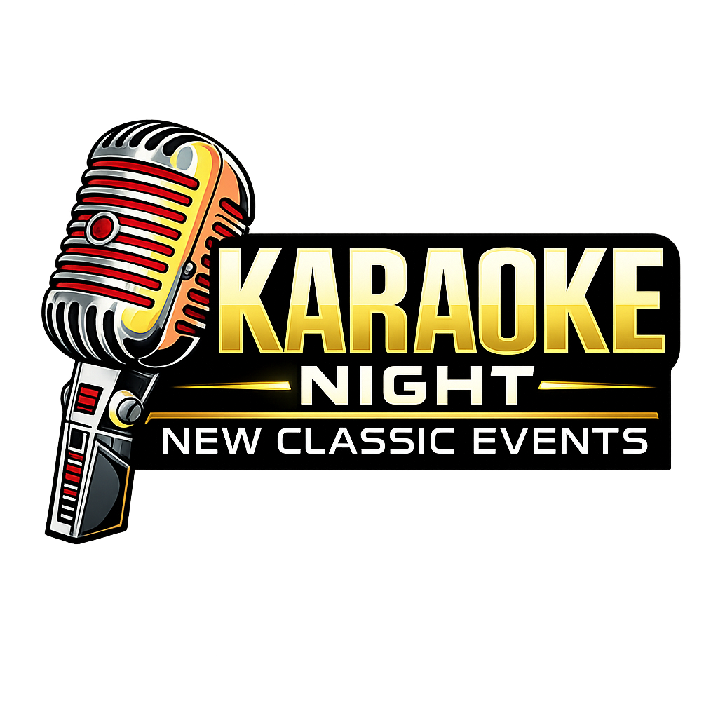 Logo for Karaoke Night with a vintage microphone and text promoting new classic events.
