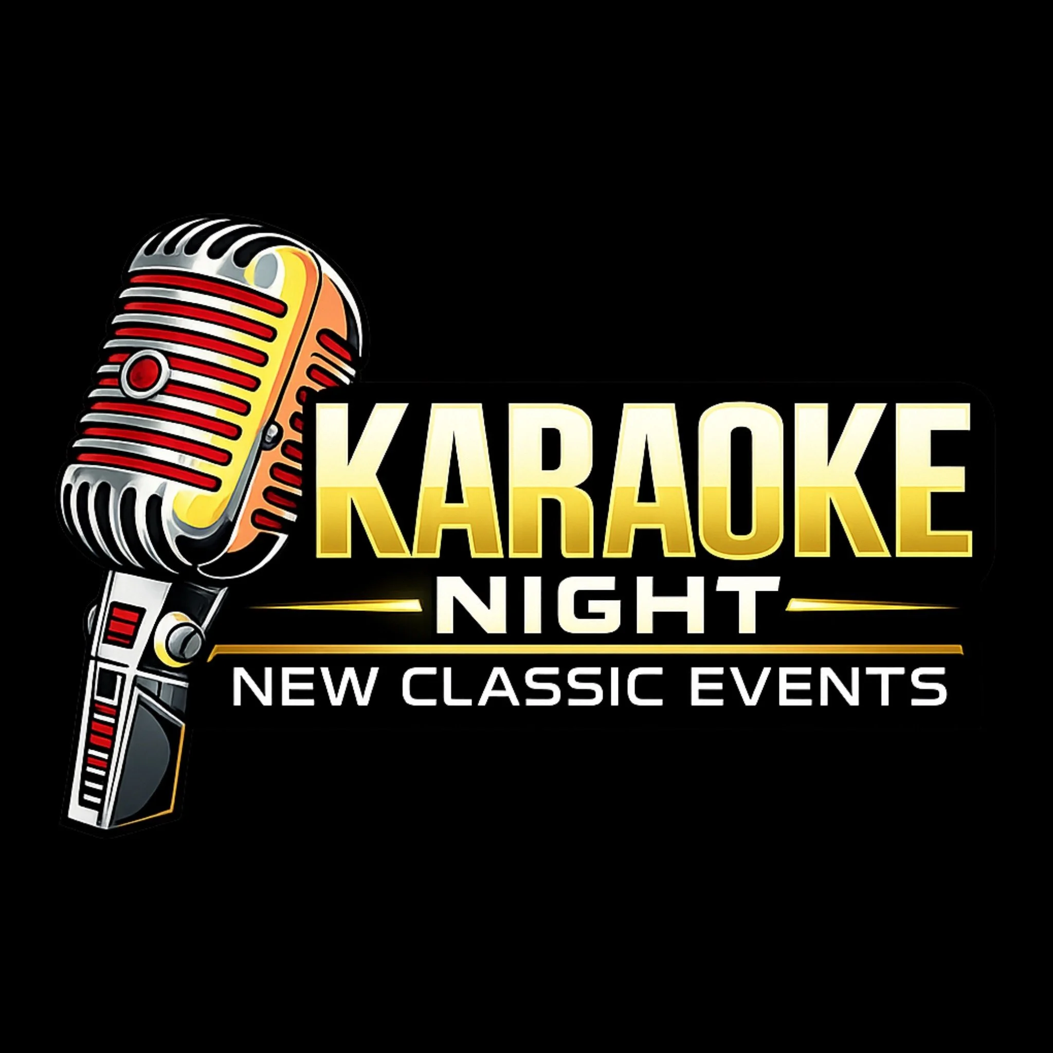 Logo for karaoke night event featuring a vintage style microphone and bold yellow text.