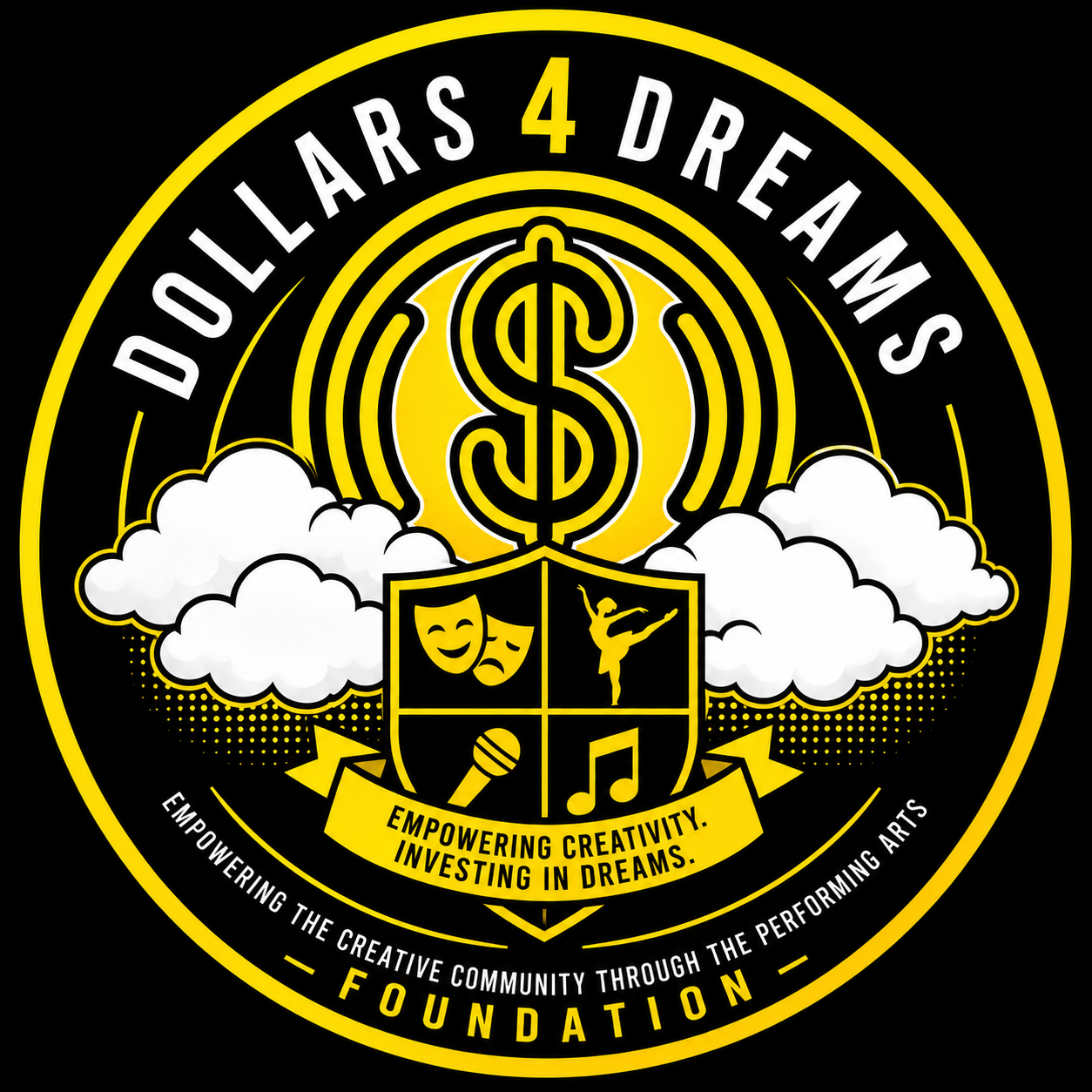Logo for Dollars 4 Dreams Foundation featuring a yellow and black circular design with a dollar sign, clouds, and icons of comedy and tragedy masks, a dancer, a microphone, and a musical note, with the tagline 'Empowering Creativity. Investing in Dreams.' and the words 'Empowering the Creative Community Through the Performing Arts' and 'Foundation'.