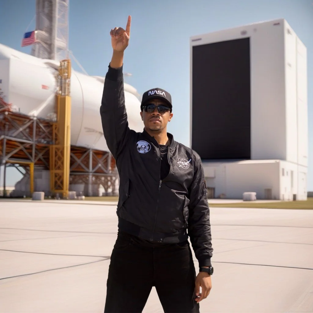 A man wearing a NASA cap and sunglasses, standing on a launch pad with a rocket and a building in the background, raising his right index finger.