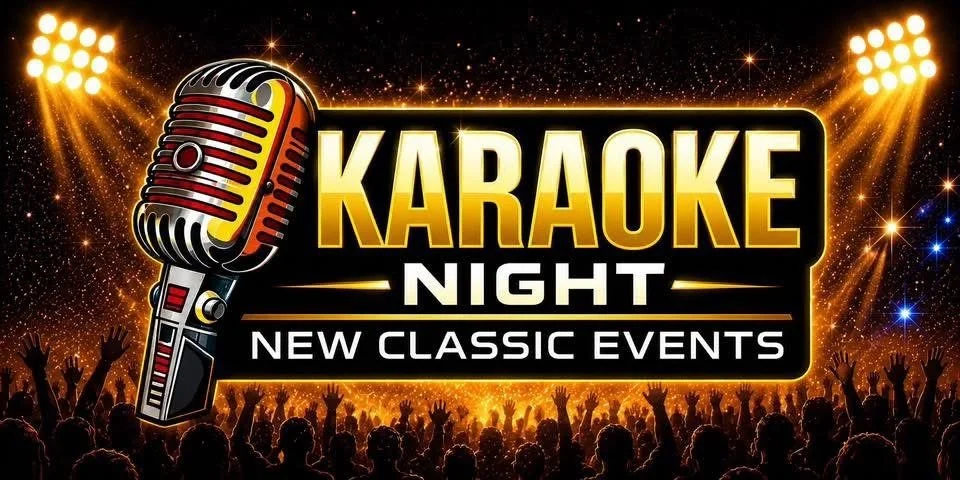 Brightly lit stage with a large vintage microphone graphic, crowd with raised hands, and illuminated text promoting 'Karaoke Night' with new classic events.