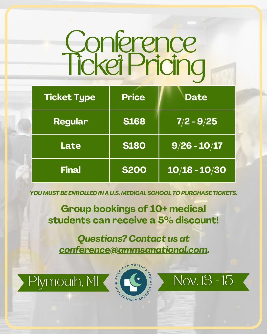 🎟️ Medical Student Registration is Open!⁠
⁠
Join us at the 2026 AMMSA National Conference for a weekend of inspiring speakers, educational programming, networking, and community with medical students from across the country.⁠
⁠
📍 Plymouth, Michigan
