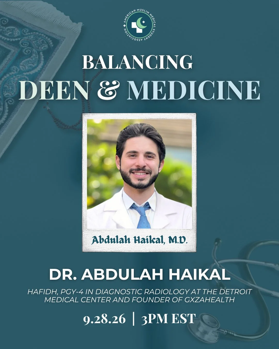 Faith and medicine don&rsquo;t have to compete&mdash;they can strengthen one another. 🌙🩺⁠
⁠
Join us for &ldquo;Balancing Deen &amp; Medicine&rdquo; with @abdulahhaikalquran, a Hafidh, PGY-4 in Diagnostic Radiology at the Detroit Medical Center, and