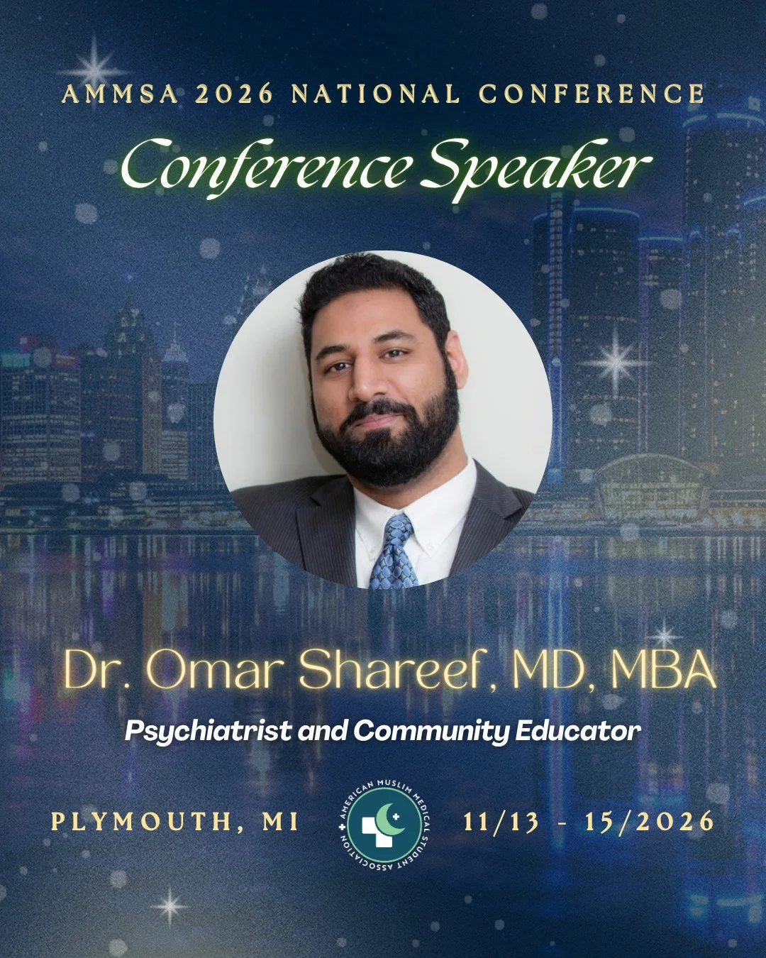 Our next speaker reveal is here! ✨ Join us in welcoming Dr. Omar Shareef to the AMMSA 2026 National Conference!⁠
⁠
Dr. Omar Shareef is an MD, MBA dual-degree graduate of St. George&rsquo;s University School of Medicine. He completed psychiatry reside