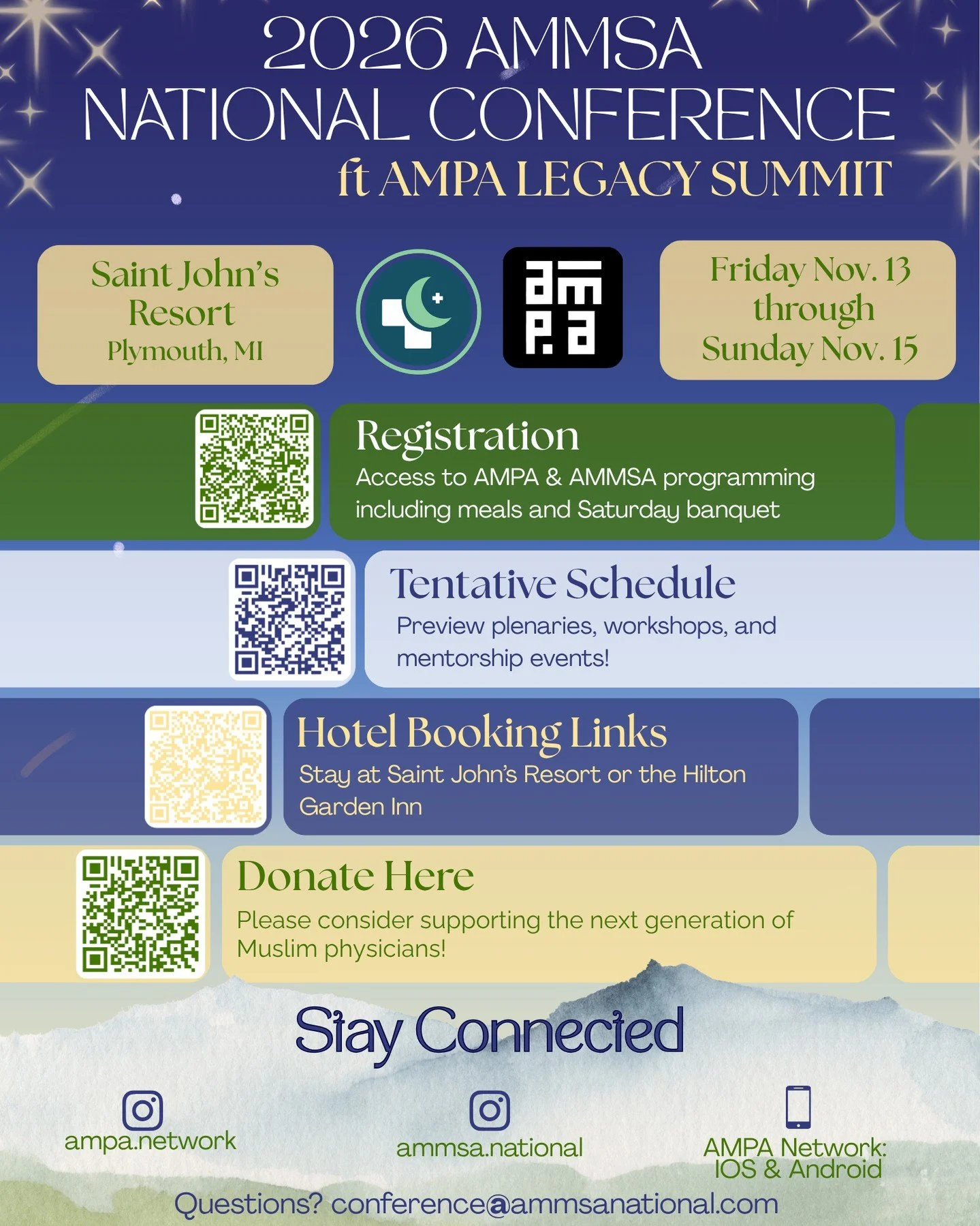 Everything you need for 2026 AMMSA National Conference featuring AMPA Legacy Summit in one place 🩺✨

Scan the QR codes for easy access to registration, hotel booking and our tentative schedule! 

📍 Plymouth, MI
📅 November 13&ndash;15, 2026

Save t