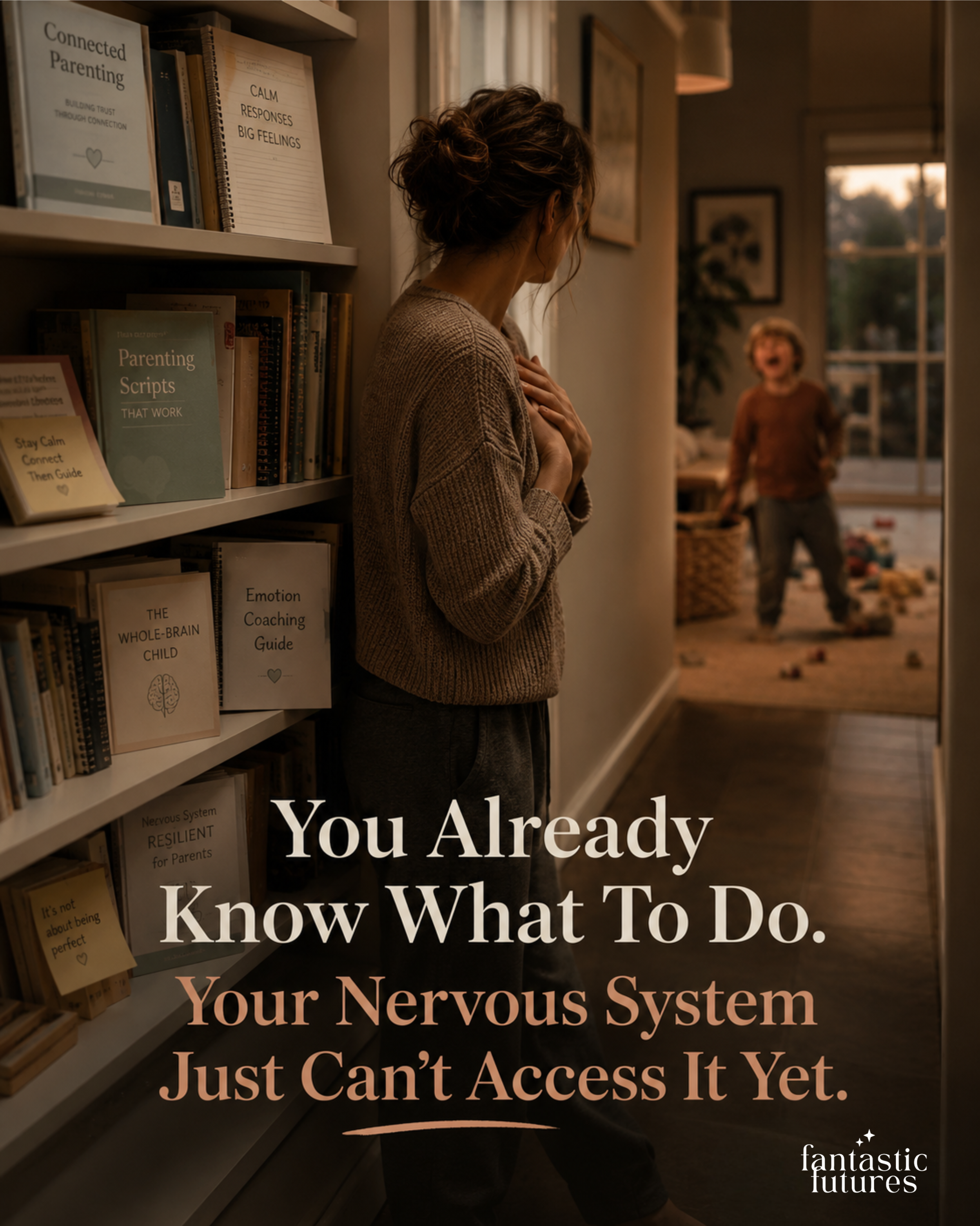 Mother standing in a hallway lined with parenting books while looking toward a distressed child in the distance, symbolising the gap between parenting knowledge and nervous system capacity.