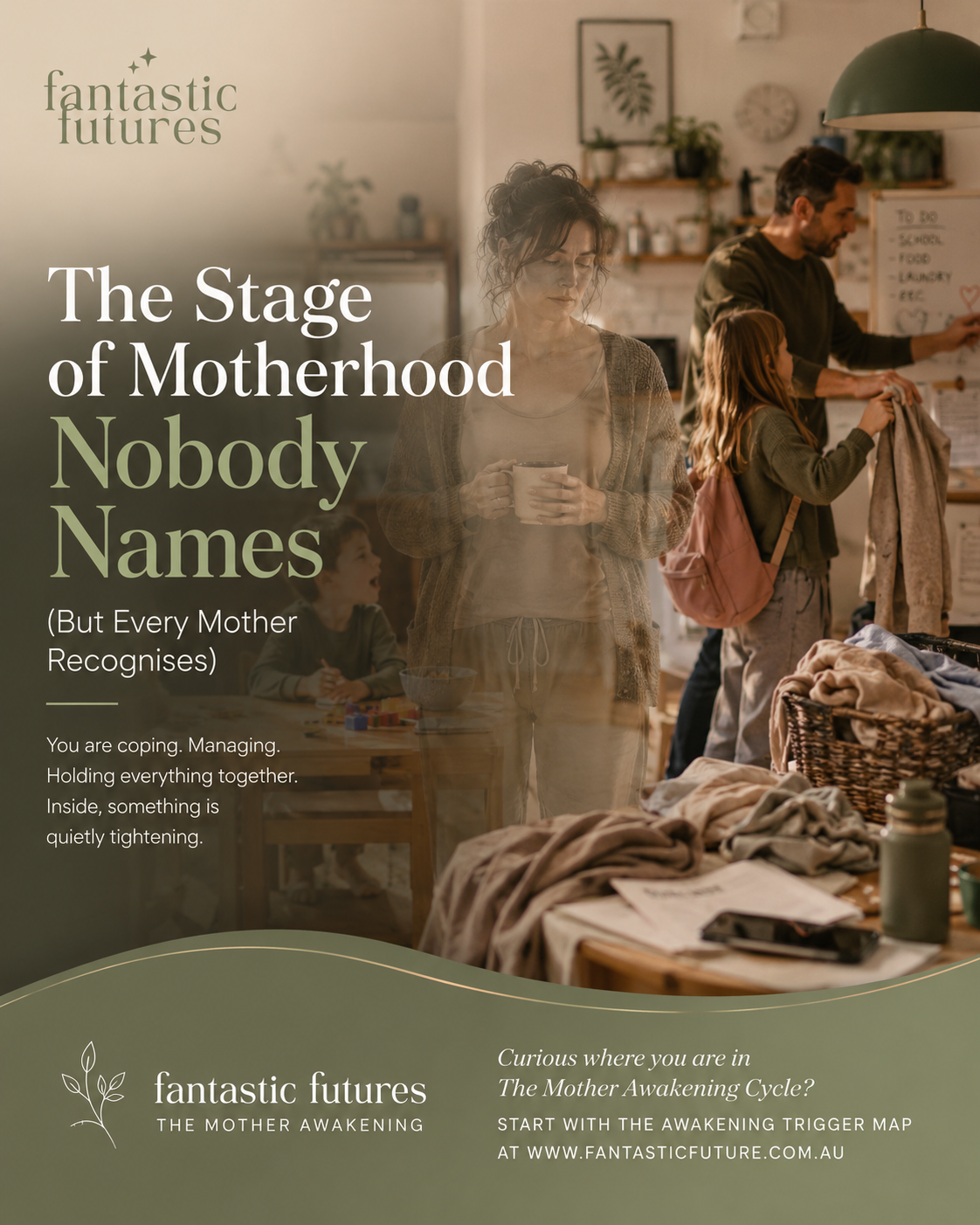Mother standing alone in a busy family home while everyone around her is occupied, symbolising the invisible emotional labour and self-sacrifice many mothers carry during the accommodation stage of motherhood.